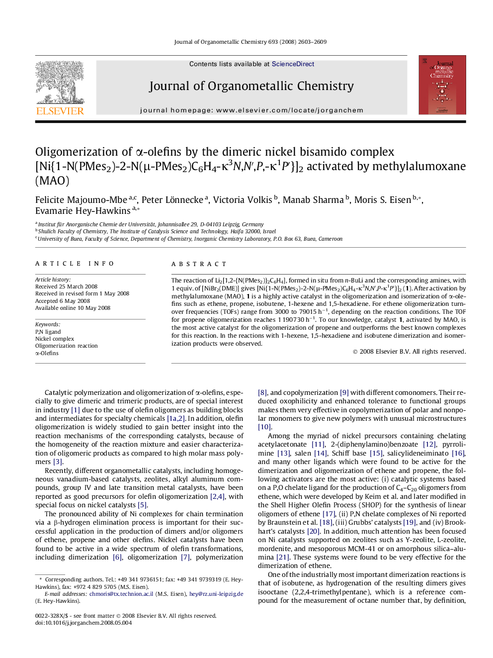 Oligomerization of Î±-olefins by the dimeric nickel bisamido complex [Ni{1-N(PMes2)-2-N(Î¼-PMes2)C6H4-Îº3N,Nâ²,P,-Îº1Pâ²}]2 activated by methylalumoxane (MAO)