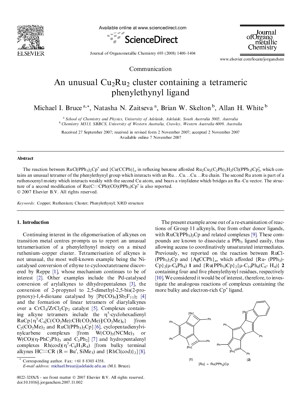 An unusual Cu2Ru2 cluster containing a tetrameric phenylethynyl ligand