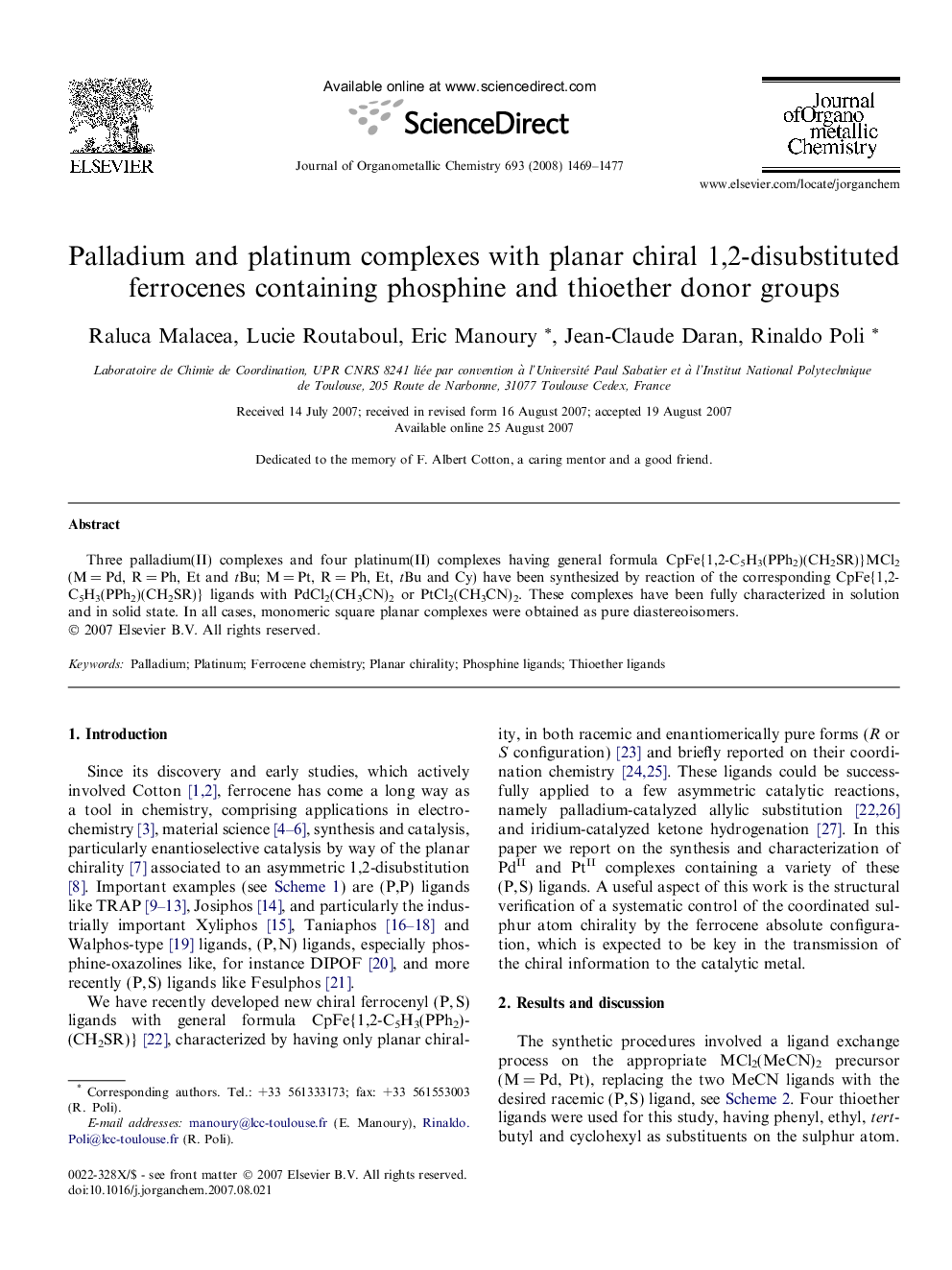 Palladium and platinum complexes with planar chiral 1,2-disubstituted ferrocenes containing phosphine and thioether donor groups