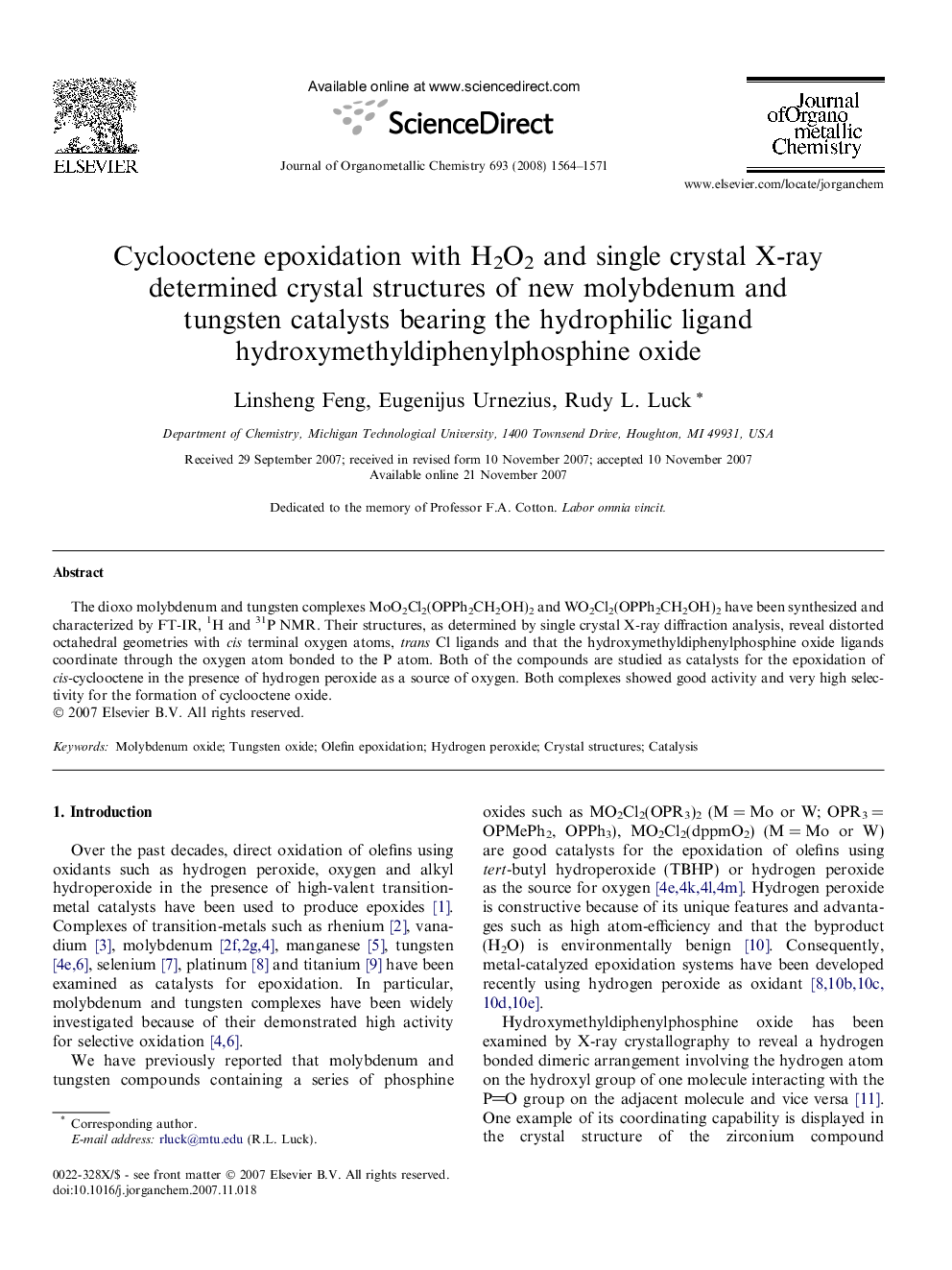 Cyclooctene epoxidation with H2O2 and single crystal X-ray determined crystal structures of new molybdenum and tungsten catalysts bearing the hydrophilic ligand hydroxymethyldiphenylphosphine oxide