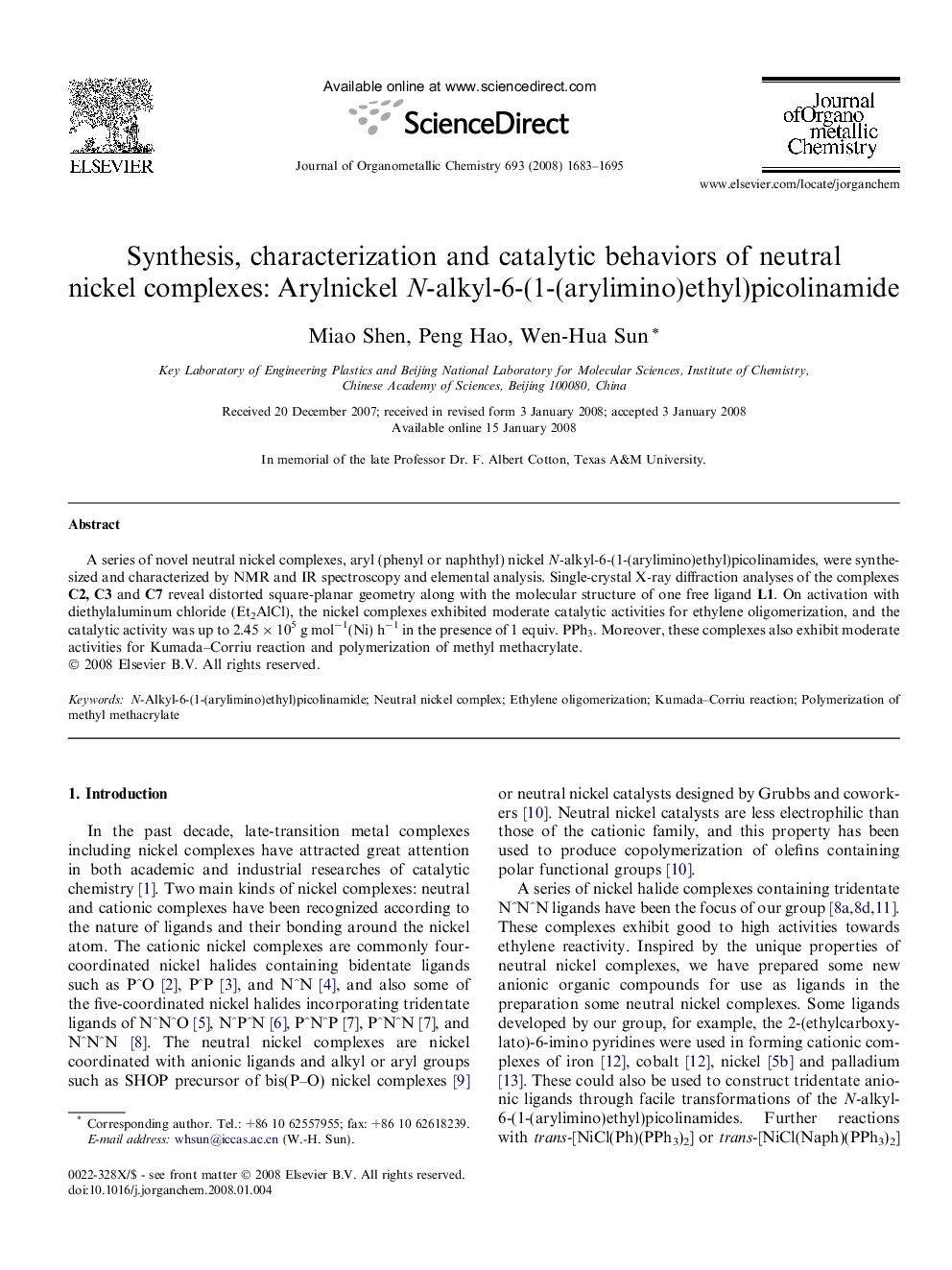 Synthesis, characterization and catalytic behaviors of neutral nickel complexes: Arylnickel N-alkyl-6-(1-(arylimino)ethyl)picolinamide