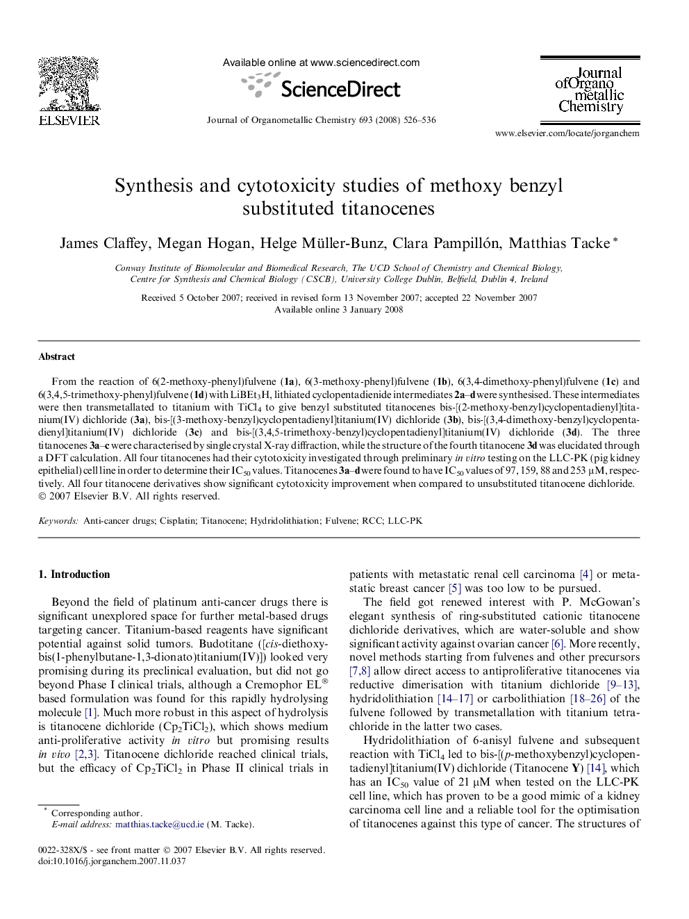 Synthesis and cytotoxicity studies of methoxy benzyl substituted titanocenes