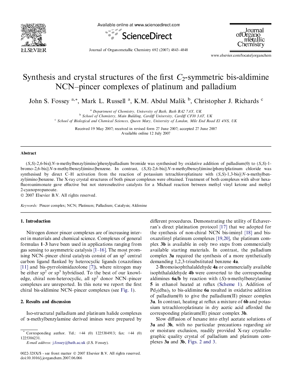 Synthesis and crystal structures of the first C2-symmetric bis-aldimine NCN–pincer complexes of platinum and palladium