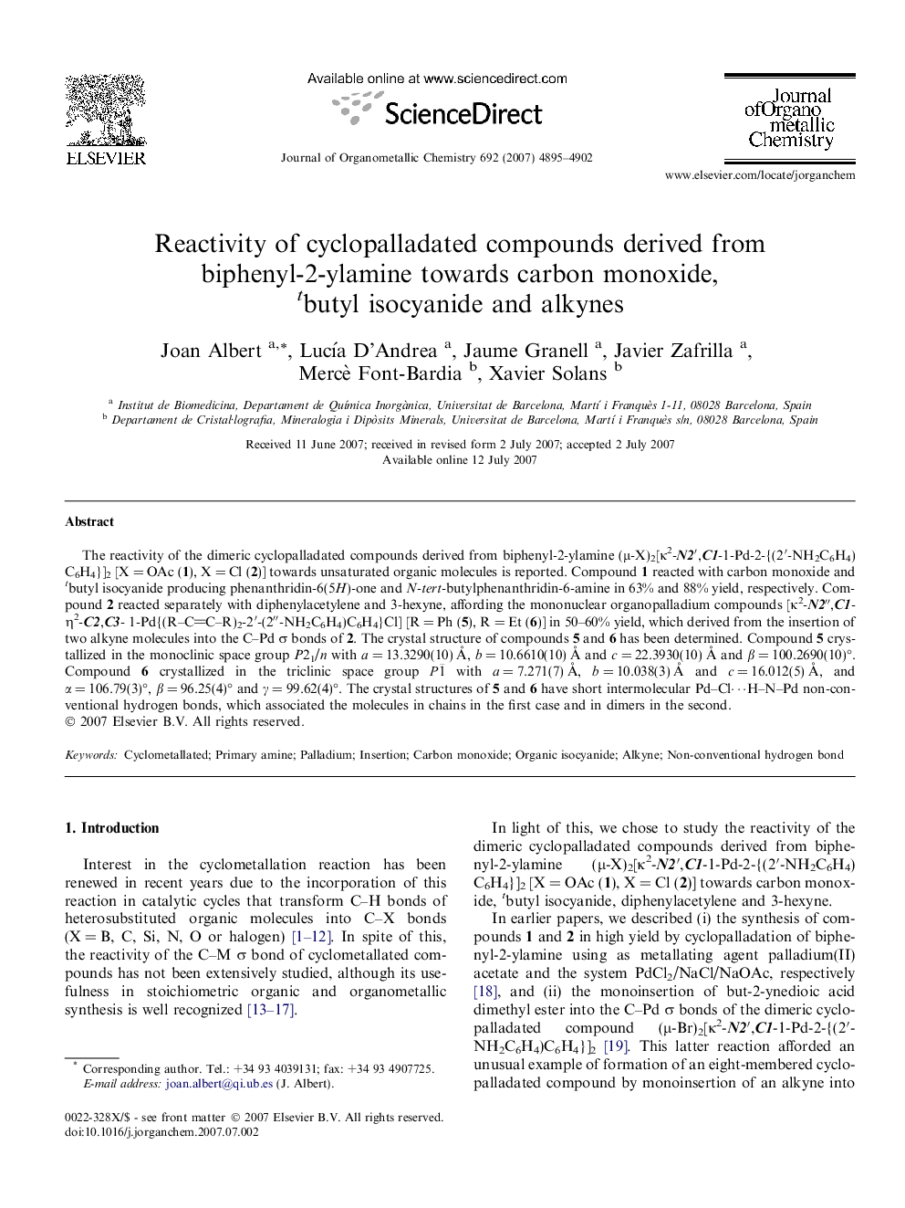 Reactivity of cyclopalladated compounds derived from biphenyl-2-ylamine towards carbon monoxide, tbutyl isocyanide and alkynes