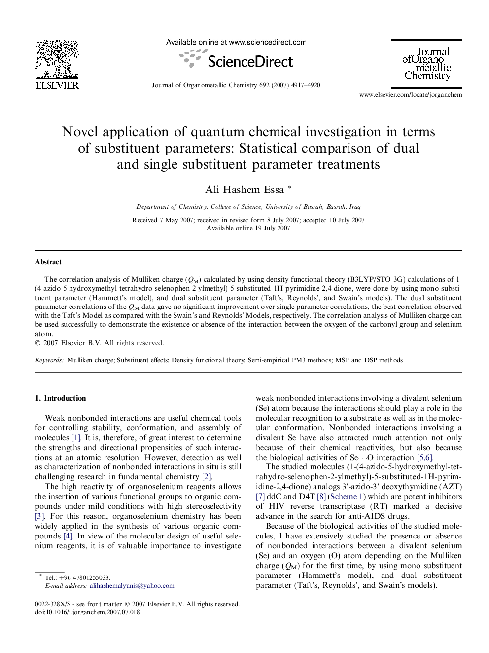 عکس صفحه اول مقاله: Novel application of quantum chemical investigation in terms of substituent parameters: Statistical comparison of dual and single substituent parameter treatments Novel application of quantum chemical investigation in terms of substituent parameters: Statistical comparison of dual and single substituent parameter treatments
