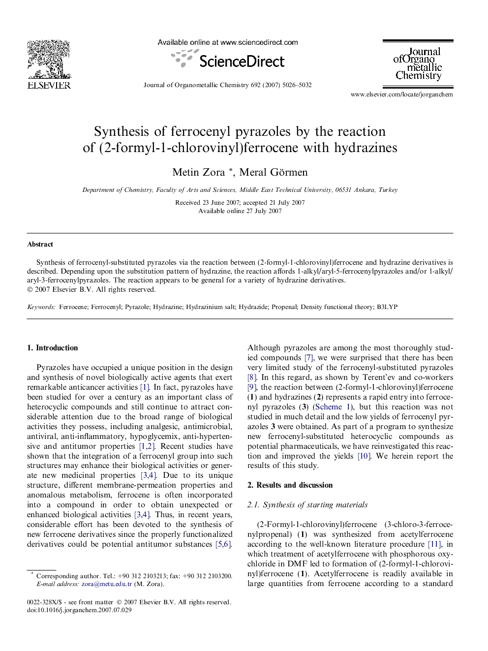 Synthesis of ferrocenyl pyrazoles by the reaction of (2-formyl-1-chlorovinyl)ferrocene with hydrazines