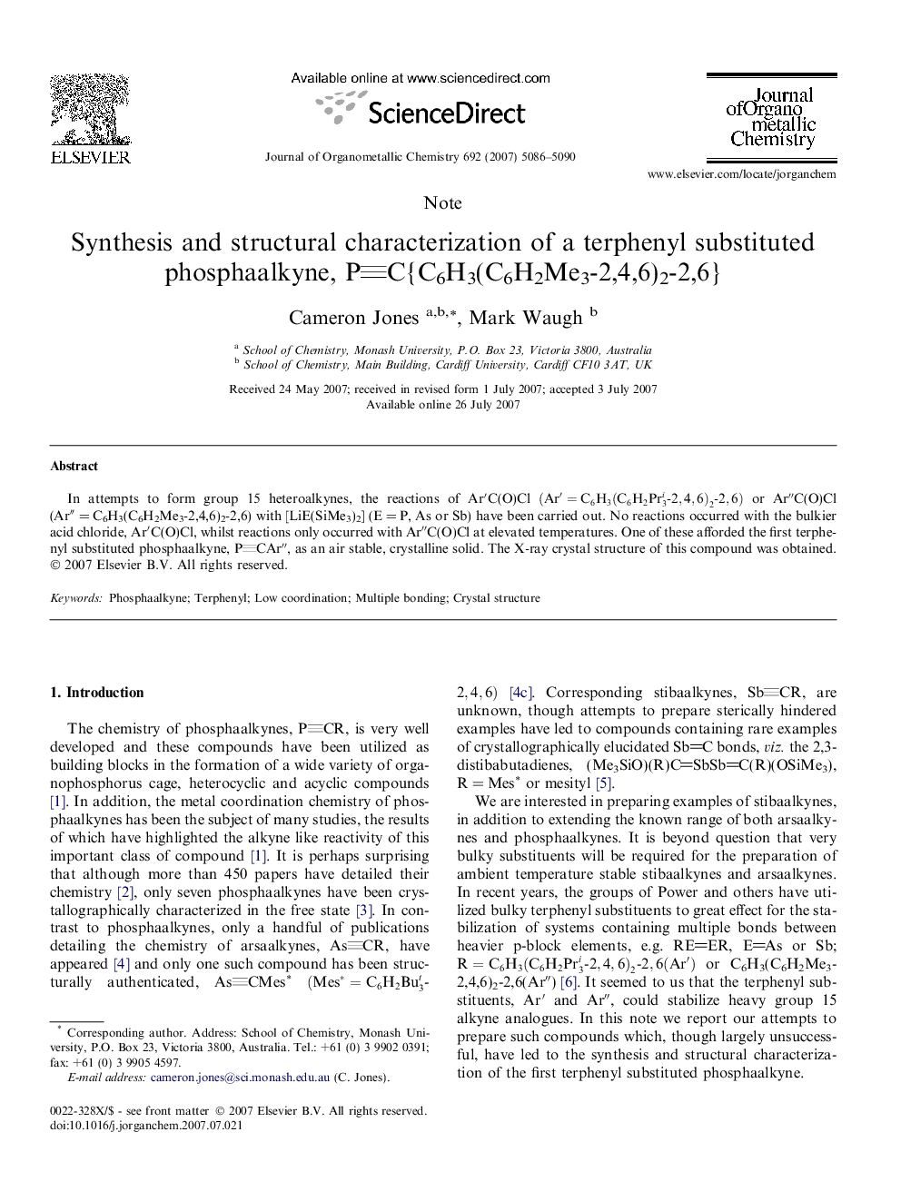 Synthesis and structural characterization of a terphenyl substituted phosphaalkyne, PC{C6H3(C6H2Me3-2,4,6)2-2,6}