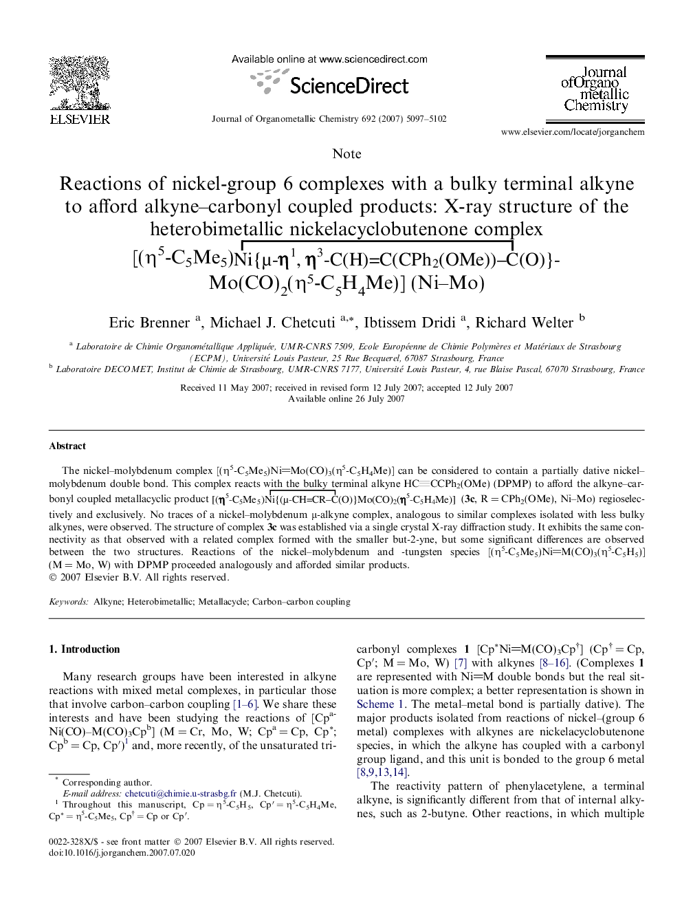 Reactions of nickel-group 6 complexes with a bulky terminal alkyne to afford alkyne-carbonyl coupled products: X-ray structure of the heterobimetallic nickelacyclobutenone complex [(Î·5-C5Me5)Mo(CO)2(Î·5-C5H4Me)] (Ni-Mo)