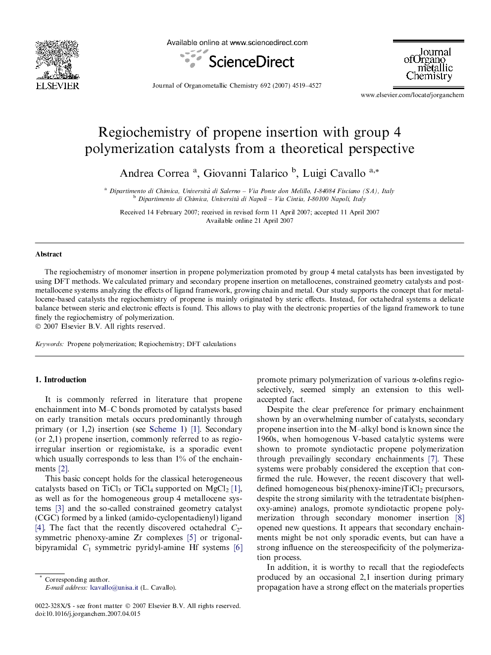 Regiochemistry of propene insertion with group 4 polymerization catalysts from a theoretical perspective