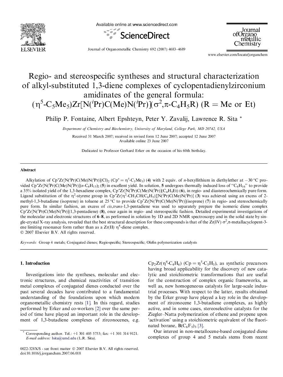 Regio- and stereospecific syntheses and structural characterization of alkyl-substituted 1,3-diene complexes of cyclopentadienylzirconium amidinates of the general formula: (η5-C5Me5)Zr[N(iPr)C(Me)N(iPr)](σ2,π-C4H5R) (R = Me or Et)