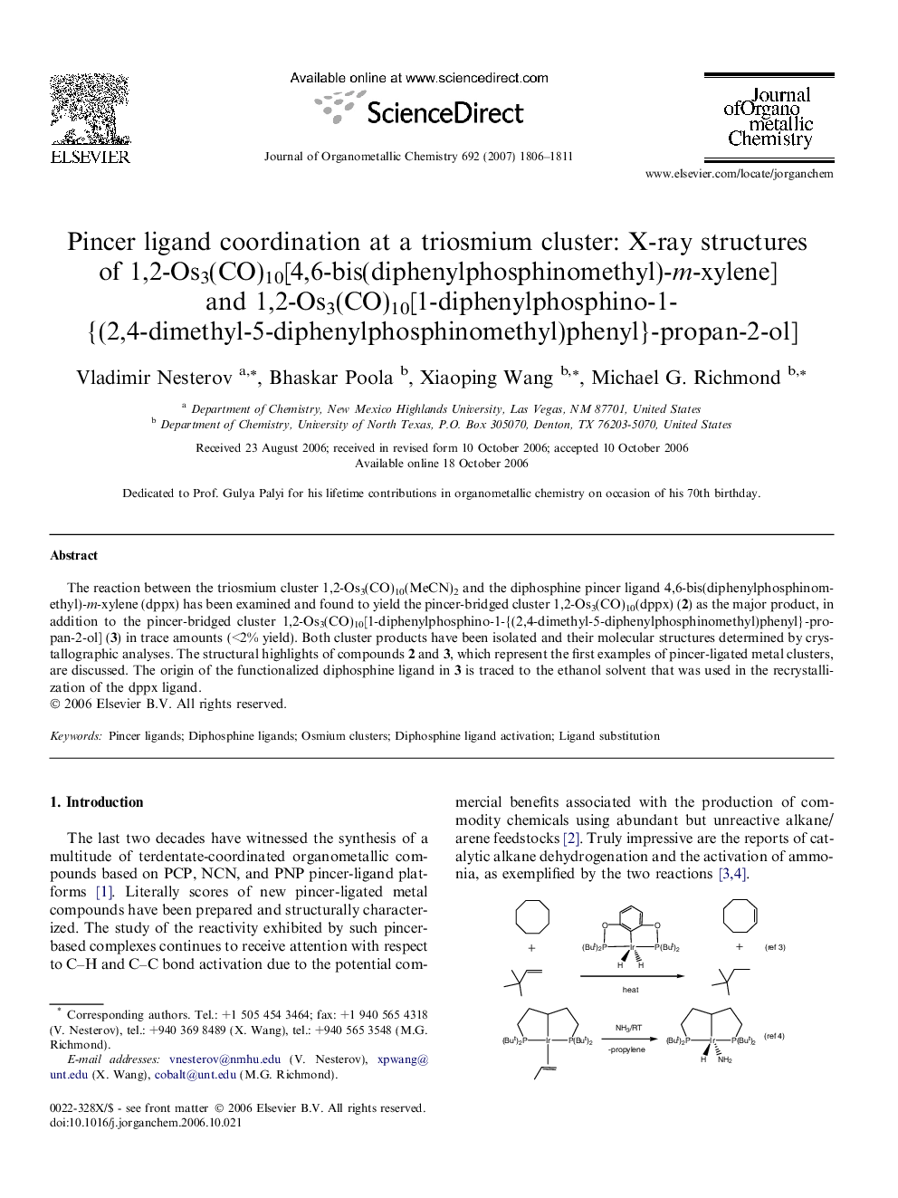 Pincer ligand coordination at a triosmium cluster: X-ray structures of 1,2-Os3(CO)10[4,6-bis(diphenylphosphinomethyl)-m-xylene] and 1,2-Os3(CO)10[1-diphenylphosphino-1-{(2,4-dimethyl-5-diphenylphosphinomethyl)phenyl}-propan-2-ol]