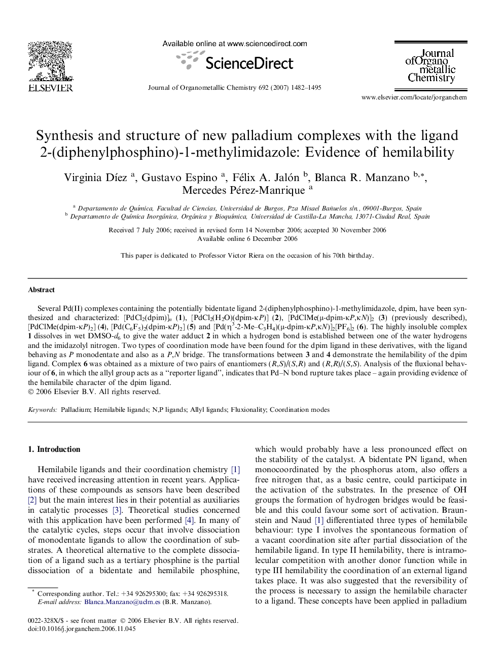 Synthesis and structure of new palladium complexes with the ligand 2-(diphenylphosphino)-1-methylimidazole: Evidence of hemilability