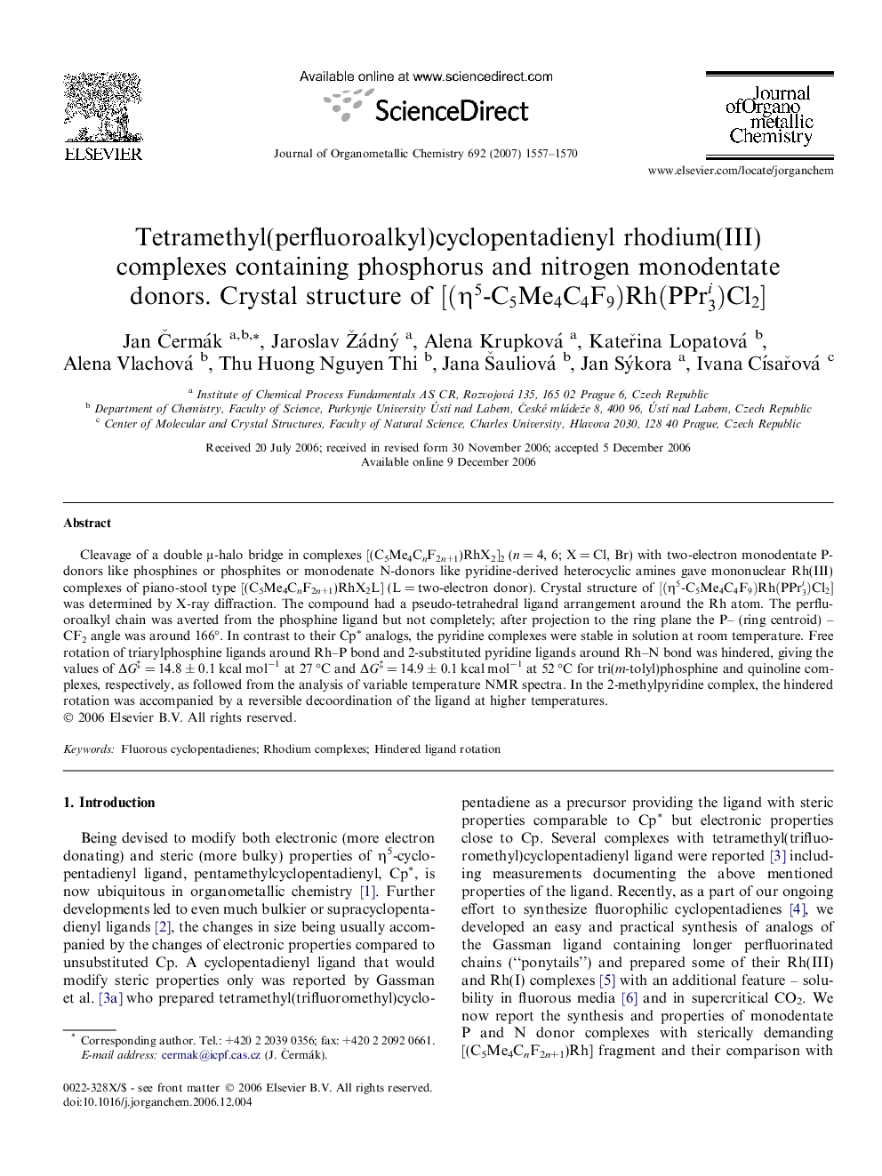 Tetramethyl(perfluoroalkyl)cyclopentadienyl rhodium(III) complexes containing phosphorus and nitrogen monodentate donors. Crystal structure of [(η5-C5Me4C4F9)Rh(PPr3i)Cl2]