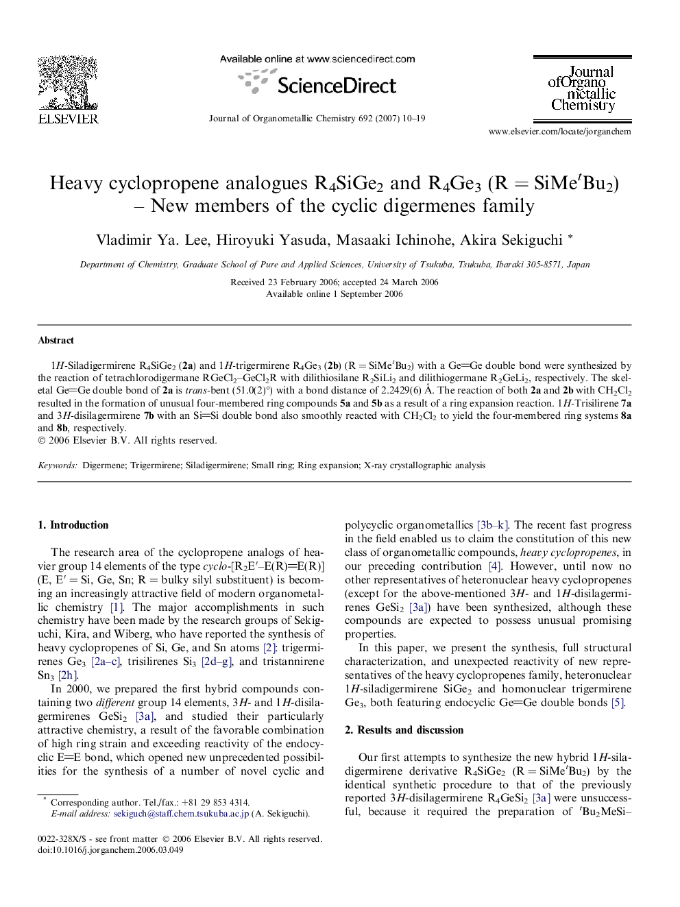 Heavy cyclopropene analogues R4SiGe2 and R4Ge3 (R = SiMetBu2) – New members of the cyclic digermenes family