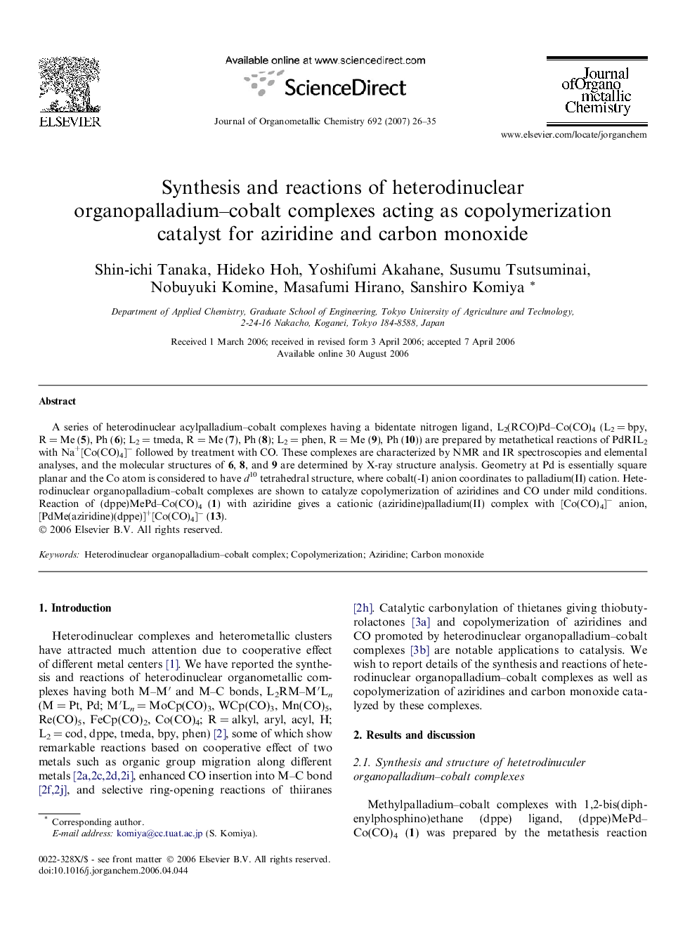 Synthesis and reactions of heterodinuclear organopalladium–cobalt complexes acting as copolymerization catalyst for aziridine and carbon monoxide