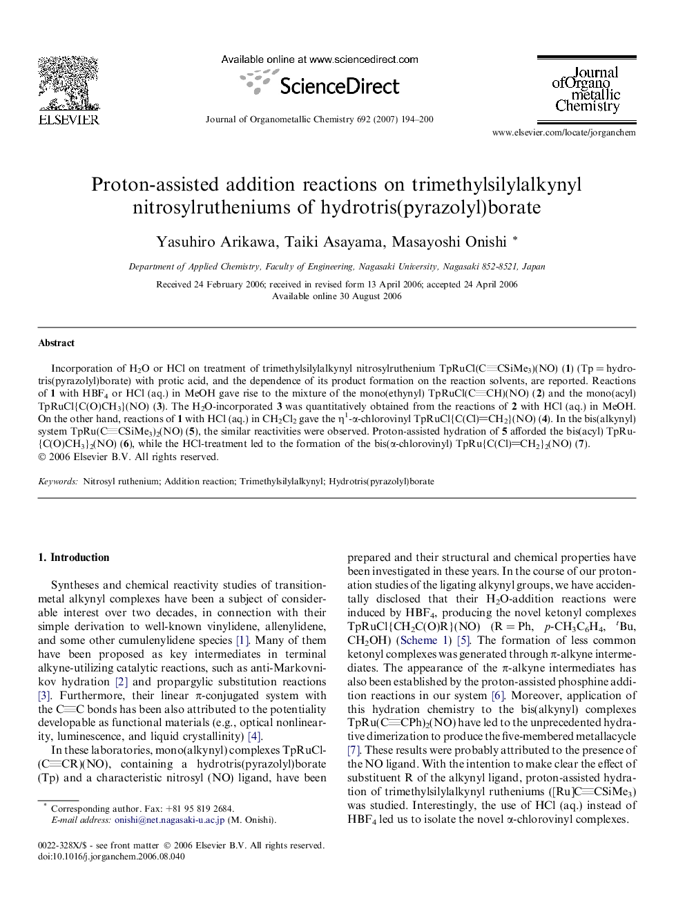 Proton-assisted addition reactions on trimethylsilylalkynyl nitrosylrutheniums of hydrotris(pyrazolyl)borate