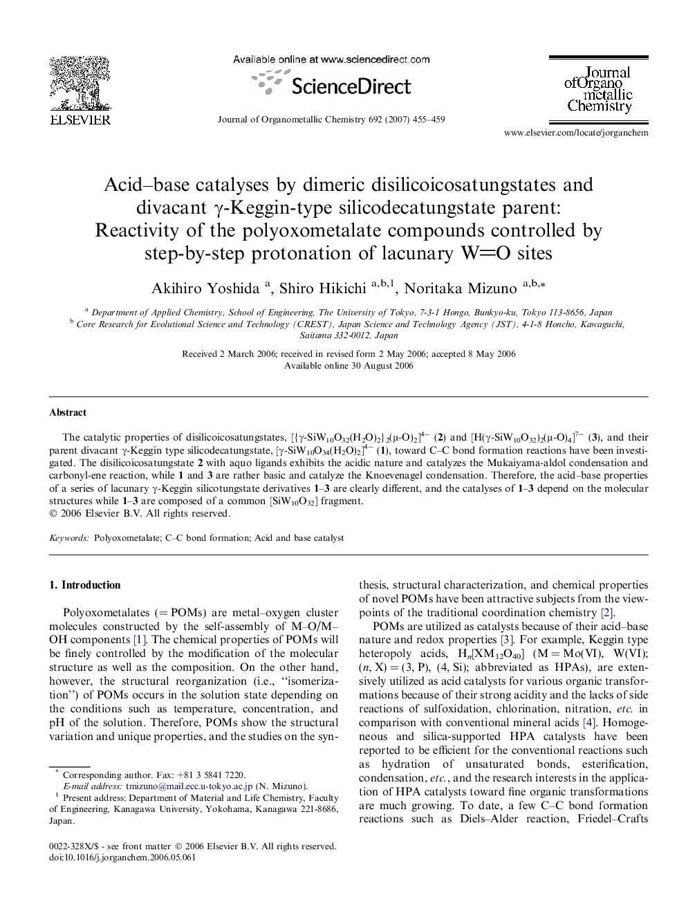 Acid–base catalyses by dimeric disilicoicosatungstates and divacant γ-Keggin-type silicodecatungstate parent: Reactivity of the polyoxometalate compounds controlled by step-by-step protonation of lacunary WO sites