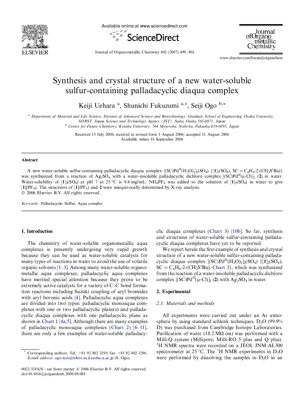 عکس صفحه اول مقاله: Synthesis and crystal structure of a new water-soluble sulfur-containing palladacyclic diaqua complex Synthesis and crystal structure of a new water-soluble sulfur-containing palladacyclic diaqua complex