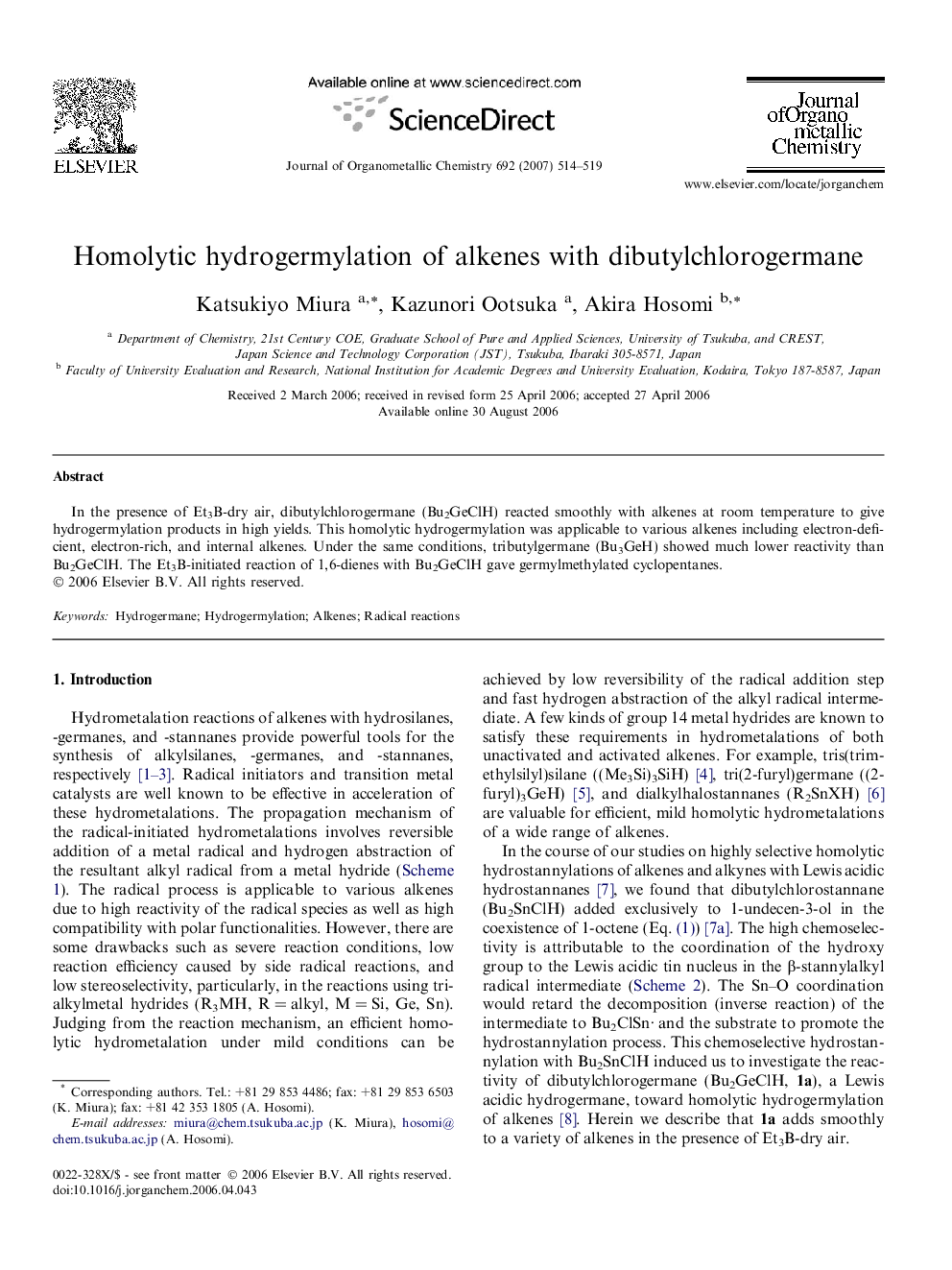 Homolytic hydrogermylation of alkenes with dibutylchlorogermane