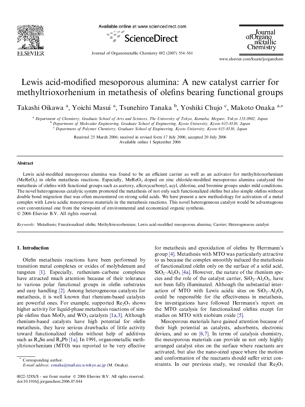 Lewis acid-modified mesoporous alumina: A new catalyst carrier for methyltrioxorhenium in metathesis of olefins bearing functional groups