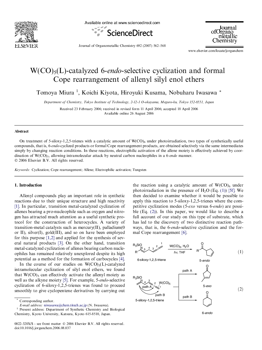 عکس صفحه اول مقاله: W(CO)5(L)-catalyzed 6-endo-selective cyclization and formal Cope rearrangement of allenyl silyl enol ethers W(CO)5(L)-catalyzed 6-endo-selective cyclization and formal Cope rearrangement of allenyl silyl enol ethers