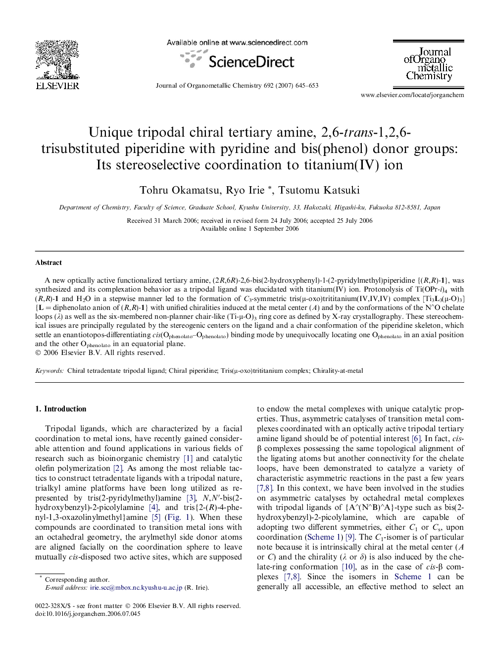 Unique tripodal chiral tertiary amine, 2,6-trans-1,2,6-trisubstituted piperidine with pyridine and bis(phenol) donor groups: Its stereoselective coordination to titanium(IV) ion