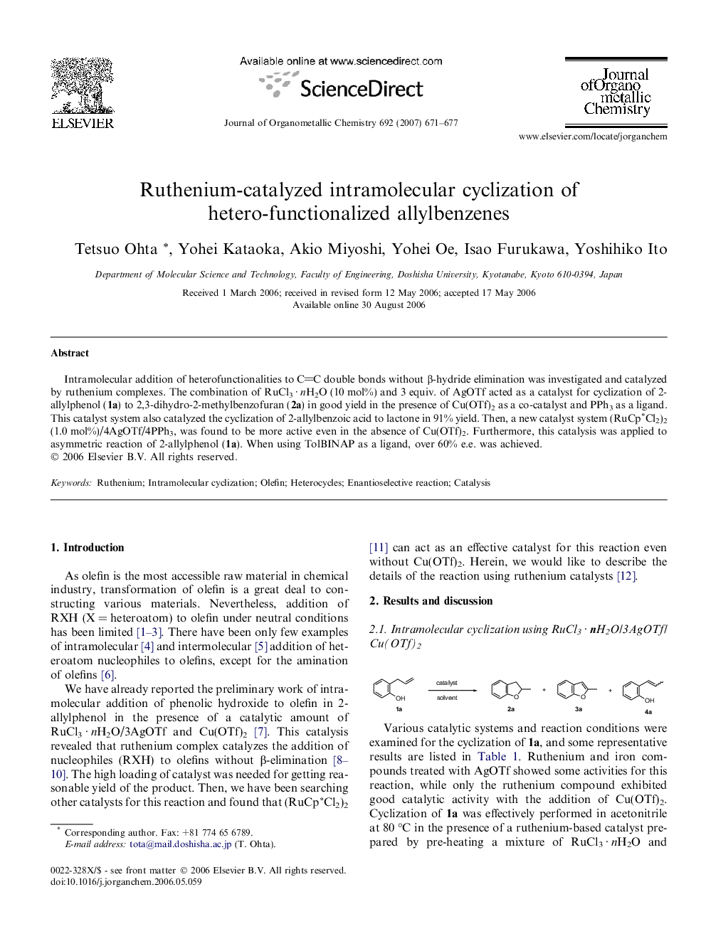 Ruthenium-catalyzed intramolecular cyclization of hetero-functionalized allylbenzenes