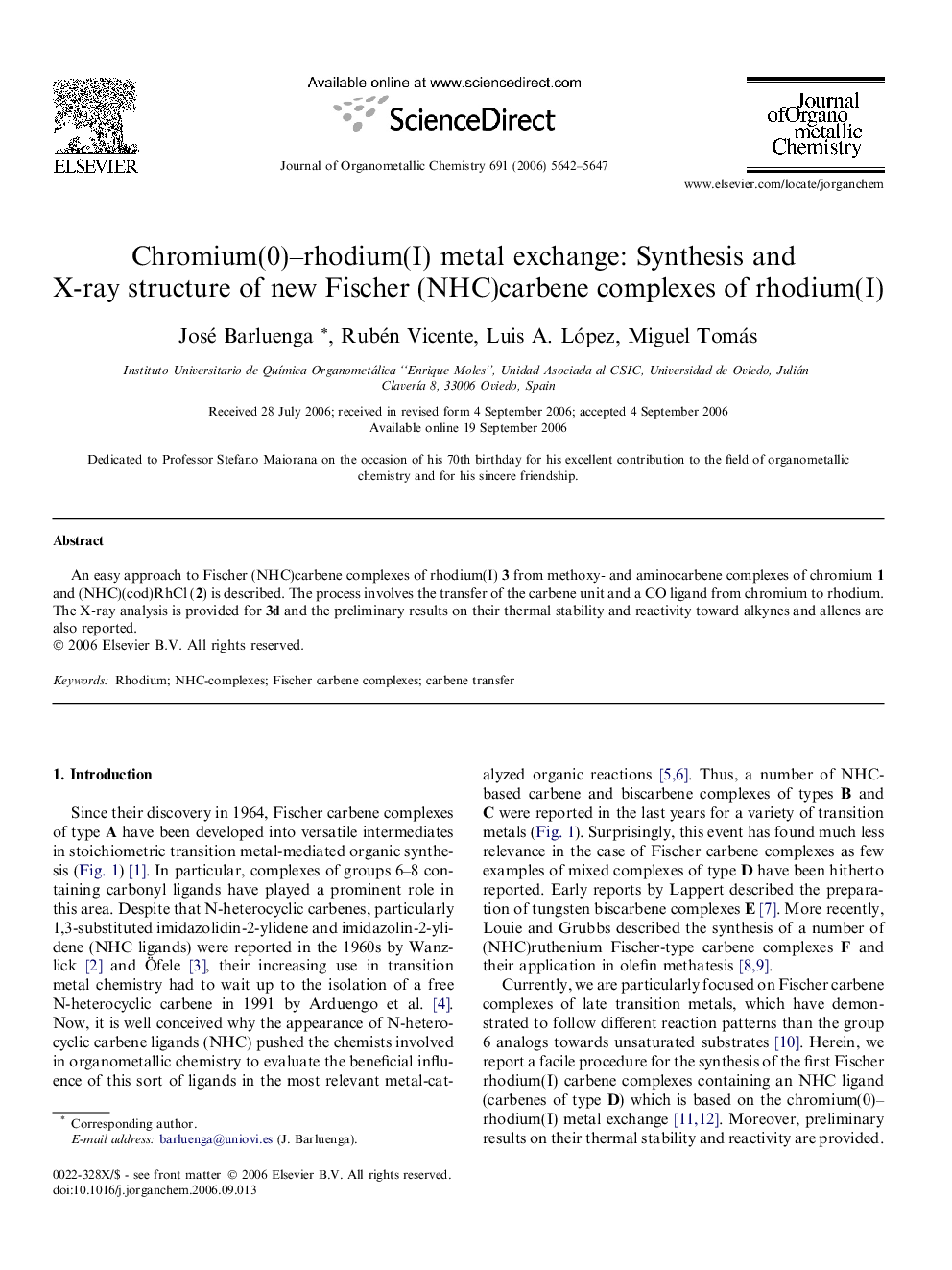 Chromium(0)–rhodium(I) metal exchange: Synthesis and X-ray structure of new Fischer (NHC)carbene complexes of rhodium(I)