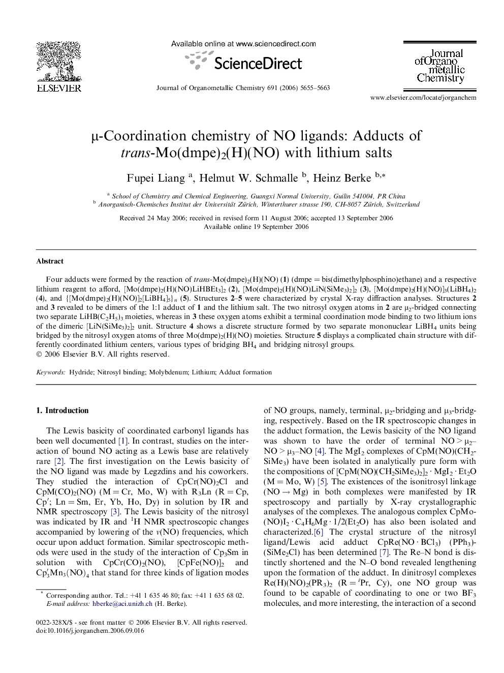 μ-Coordination chemistry of NO ligands: Adducts of trans-Mo(dmpe)2(H)(NO) with lithium salts