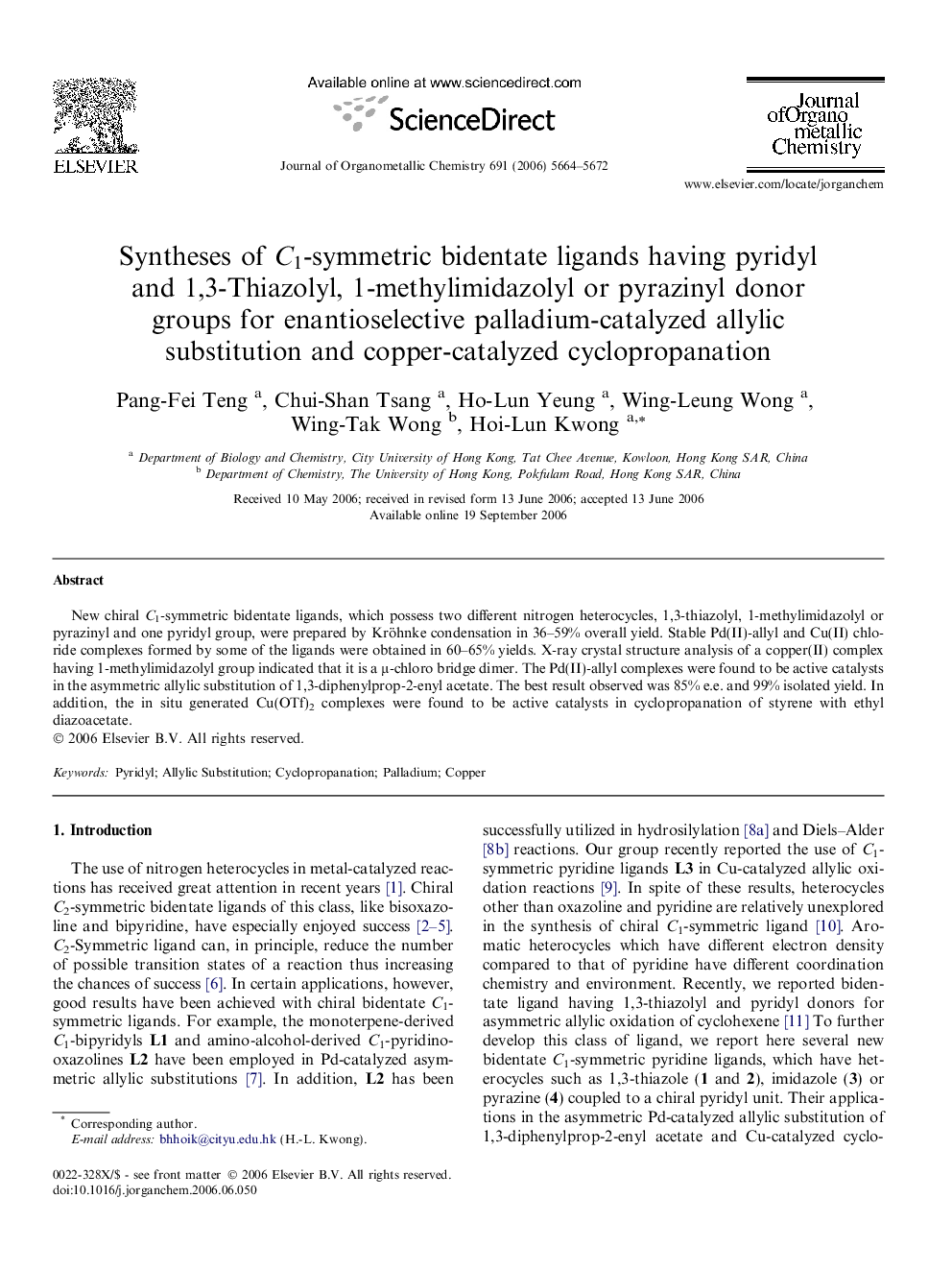 Syntheses of C1-symmetric bidentate ligands having pyridyl and 1,3-Thiazolyl, 1-methylimidazolyl or pyrazinyl donor groups for enantioselective palladium-catalyzed allylic substitution and copper-catalyzed cyclopropanation