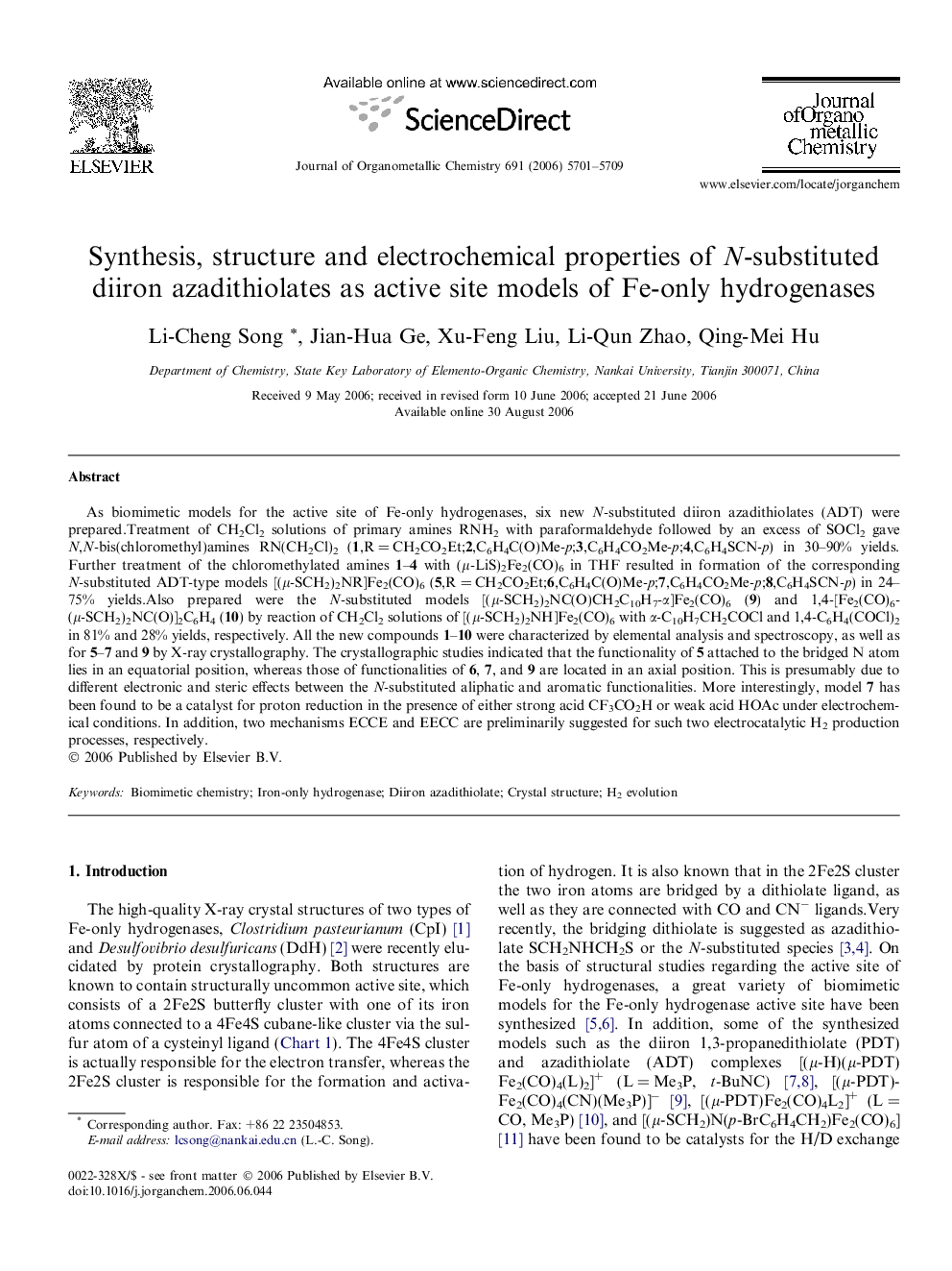 عکس صفحه اول مقاله: Synthesis, structure and electrochemical properties of N-substituted diiron azadithiolates as active site models of Fe-only hydrogenases Synthesis, structure and electrochemical properties of N-substituted diiron azadithiolates as active site models of Fe-only hydrogenases