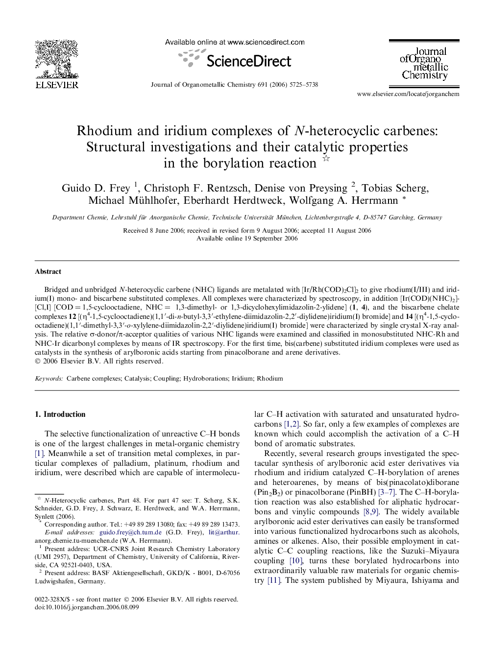 Rhodium and iridium complexes of N-heterocyclic carbenes: Structural investigations and their catalytic properties in the borylation reaction 