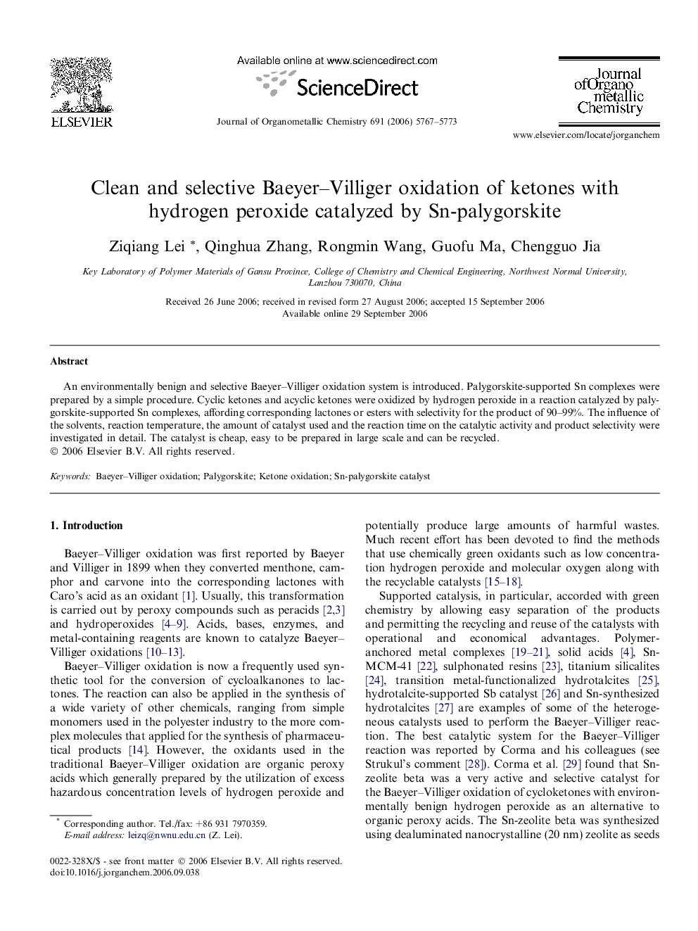 Clean and selective Baeyer–Villiger oxidation of ketones with hydrogen peroxide catalyzed by Sn-palygorskite