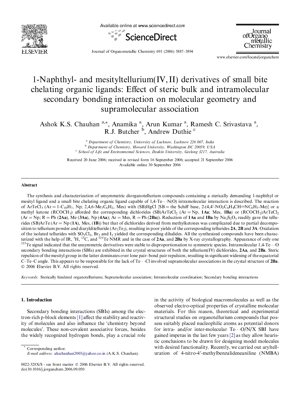 1-Naphthyl- and mesityltellurium(IV, II) derivatives of small bite chelating organic ligands: Effect of steric bulk and intramolecular secondary bonding interaction on molecular geometry and supramolecular association