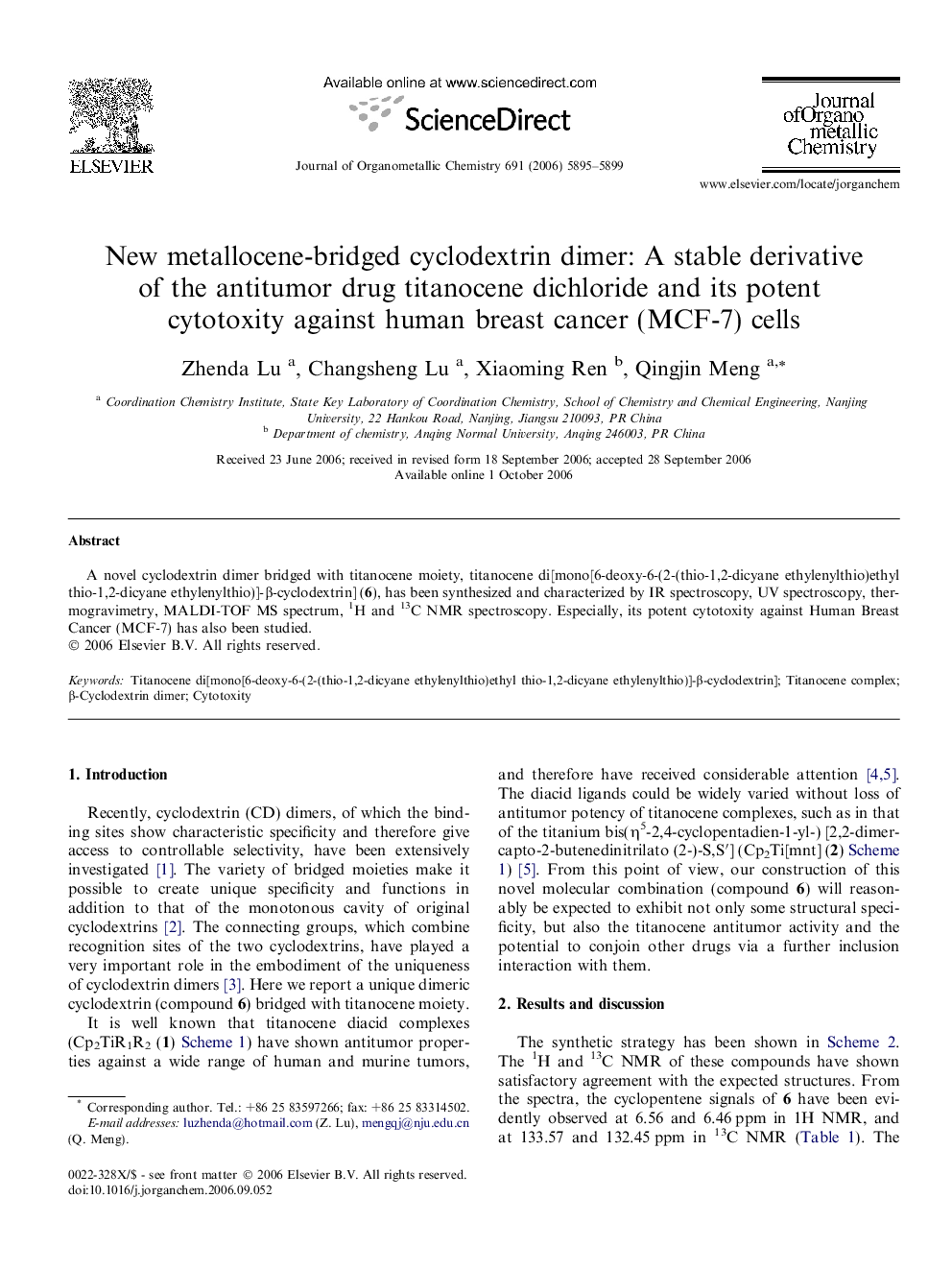 New metallocene-bridged cyclodextrin dimer: A stable derivative of the antitumor drug titanocene dichloride and its potent cytotoxity against human breast cancer (MCF-7) cells