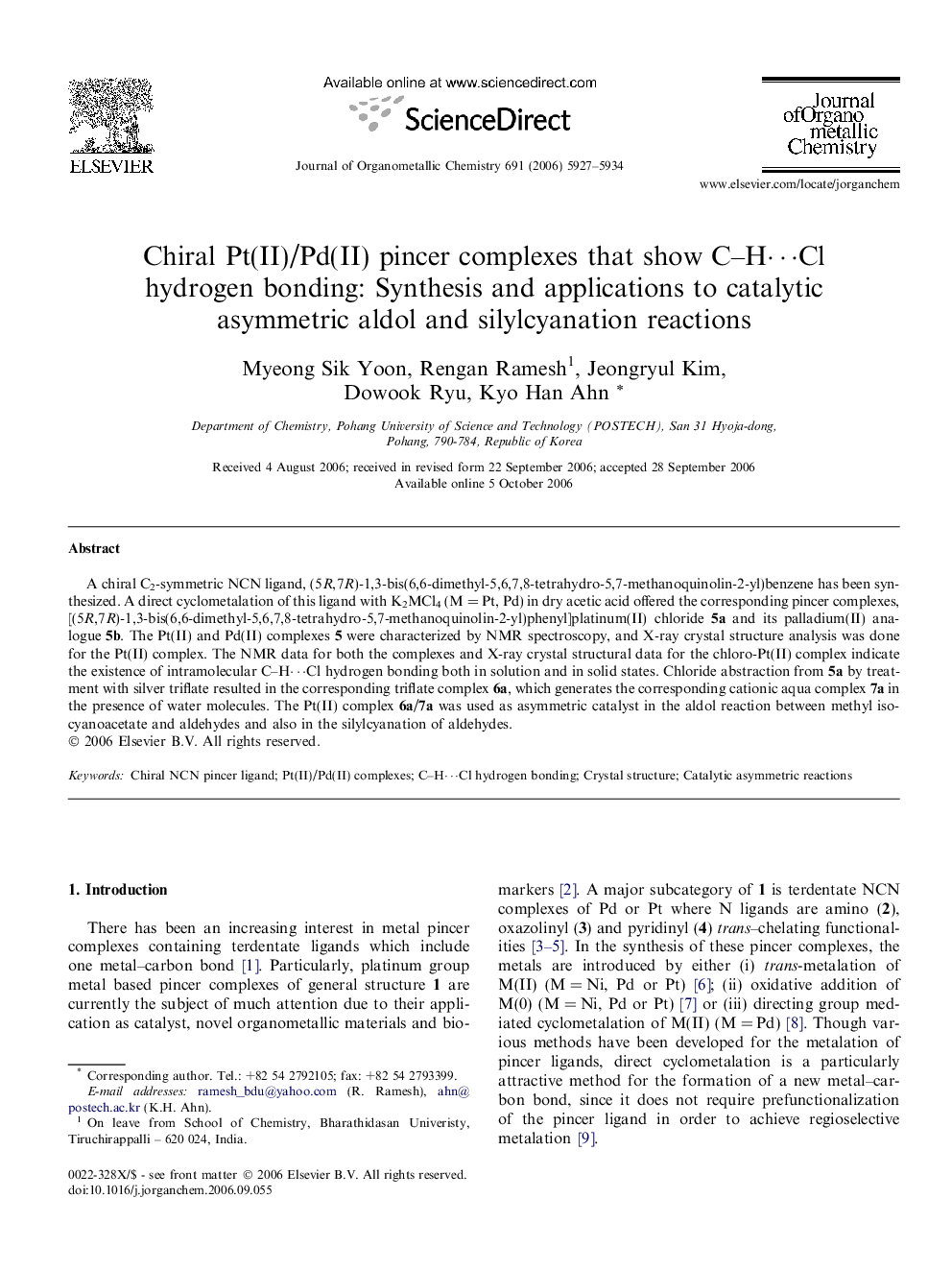 عکس صفحه اول مقاله: Chiral Pt(II)/Pd(II) pincer complexes that show C–H⋯Cl hydrogen bonding: Synthesis and applications to catalytic asymmetric aldol and silylcyanation reactions Chiral Pt(II)/Pd(II) pincer complexes that show C–H⋯Cl hydrogen bonding: Synthesis and applications to catalytic asymmetric aldol and silylcyanation reactions