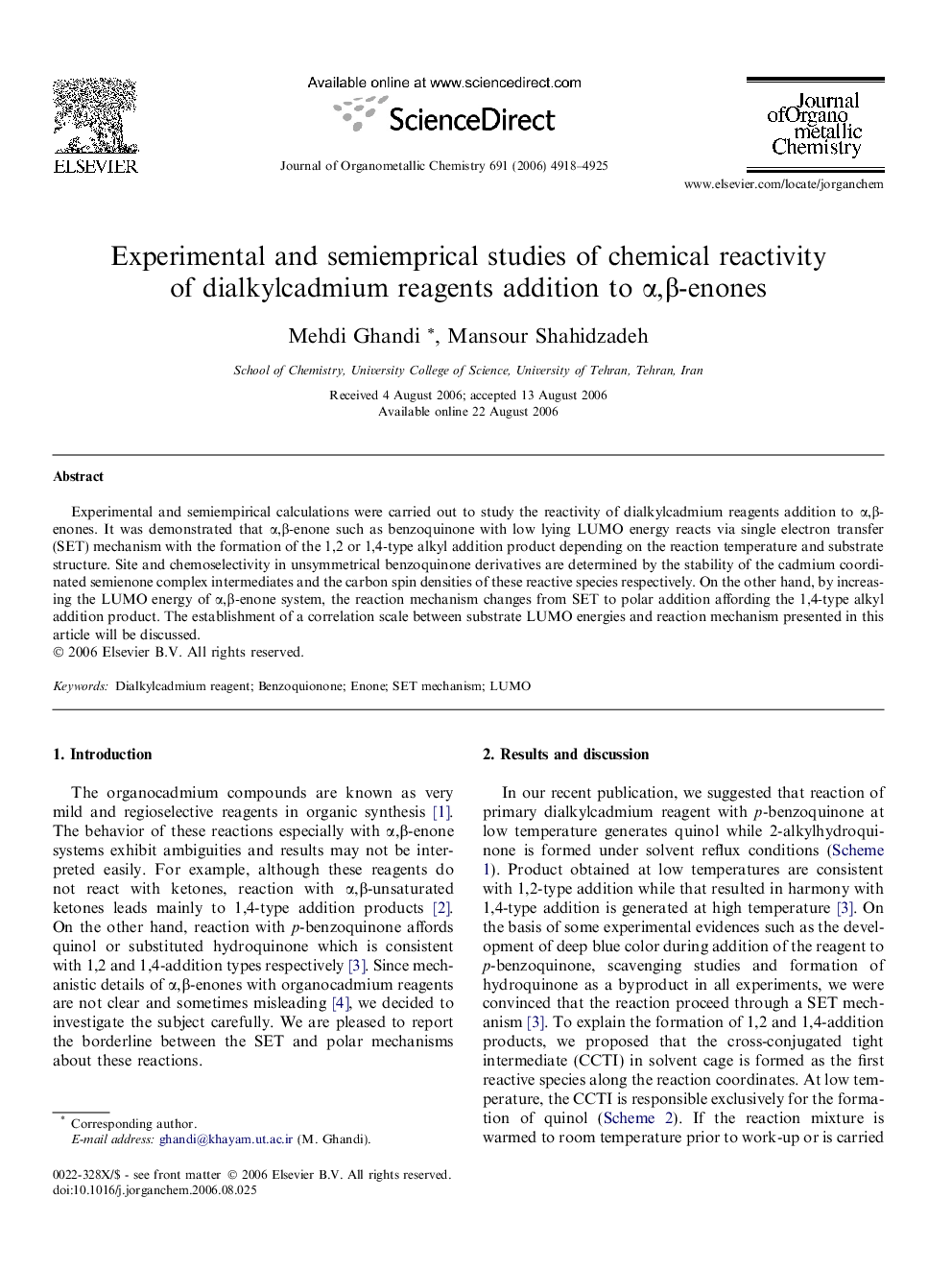 عکس صفحه اول مقاله: Experimental and semiemprical studies of chemical reactivity of dialkylcadmium reagents addition to α,β-enones Experimental and semiemprical studies of chemical reactivity of dialkylcadmium reagents addition to α,β-enones