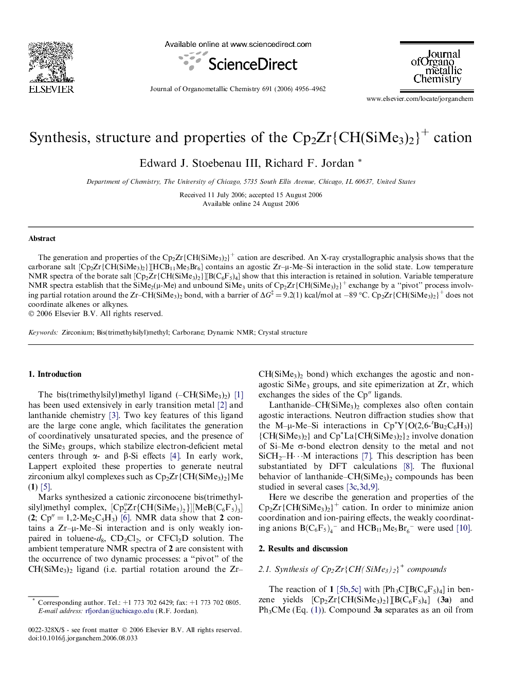 عکس صفحه اول مقاله: Synthesis, structure and properties of the Cp2Zr{CH(SiMe3)2}+ cation Synthesis, structure and properties of the Cp2Zr{CH(SiMe3)2}+ cation