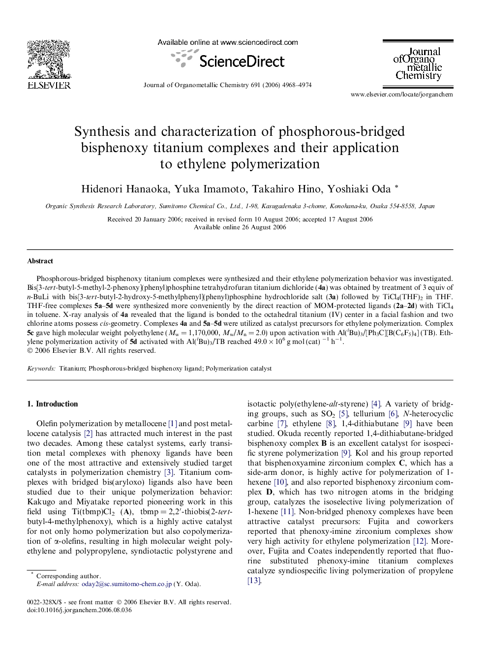 Synthesis and characterization of phosphorous-bridged bisphenoxy titanium complexes and their application to ethylene polymerization