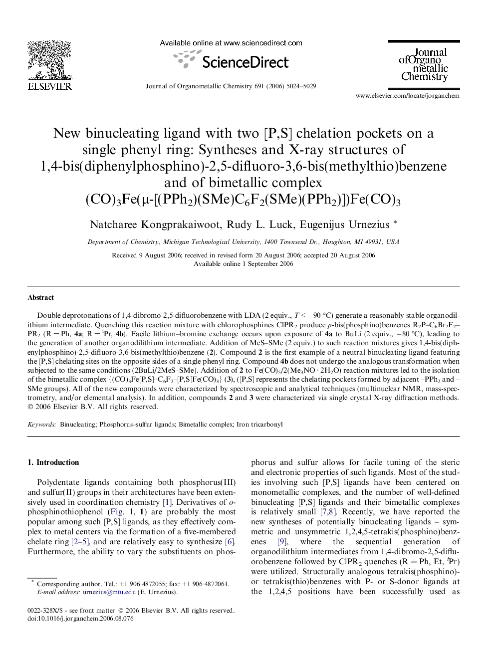 New binucleating ligand with two [P,S] chelation pockets on a single phenyl ring: Syntheses and X-ray structures of 1,4-bis(diphenylphosphino)-2,5-difluoro-3,6-bis(methylthio)benzene and of bimetallic complex (CO)3Fe(μ-[(PPh2)(SMe)C6F2(SMe)(PPh2)])Fe(CO)3