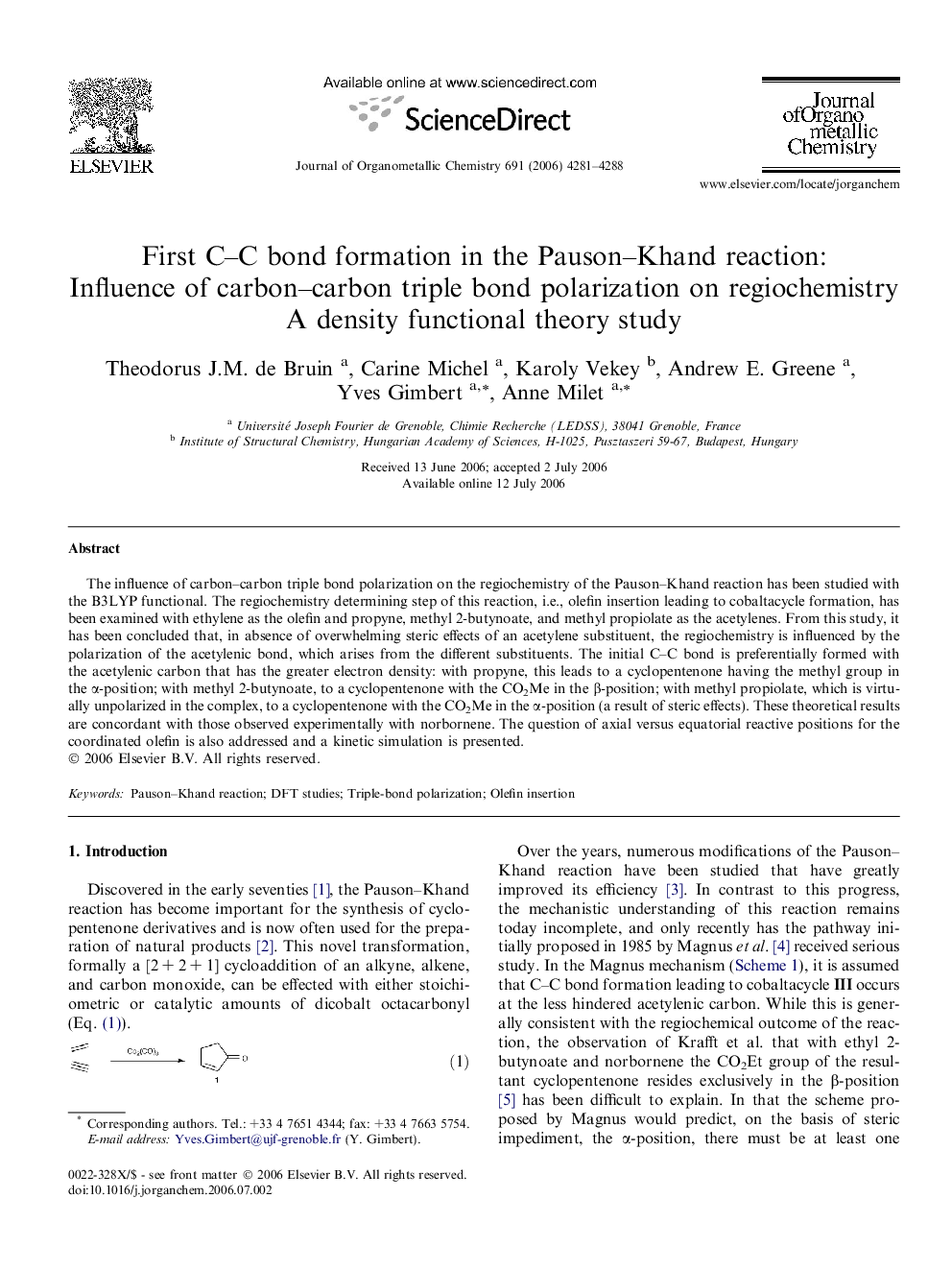 First C–C bond formation in the Pauson–Khand reaction: Influence of carbon–carbon triple bond polarization on regiochemistry: A density functional theory study