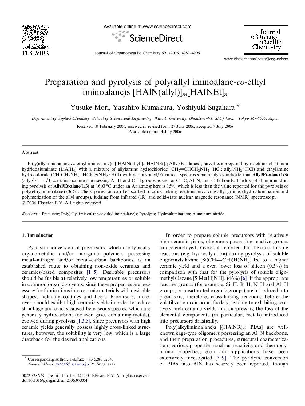 Preparation and pyrolysis of poly(allyl iminoalane-co-ethyl iminoalane)s [HAlN(allyl)]m[HAlNEt]n