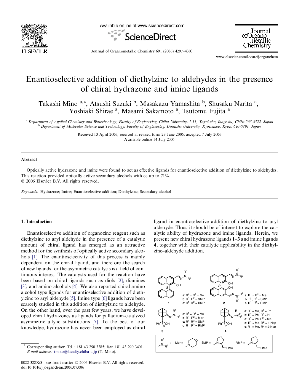 Enantioselective addition of diethylzinc to aldehydes in the presence of chiral hydrazone and imine ligands