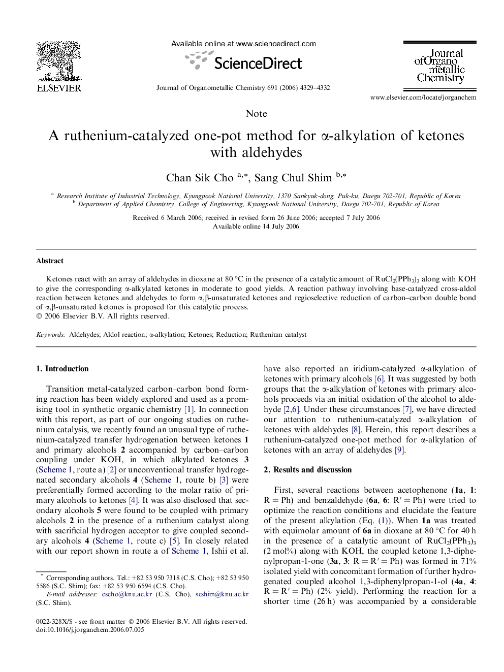 A ruthenium-catalyzed one-pot method for α-alkylation of ketones with aldehydes