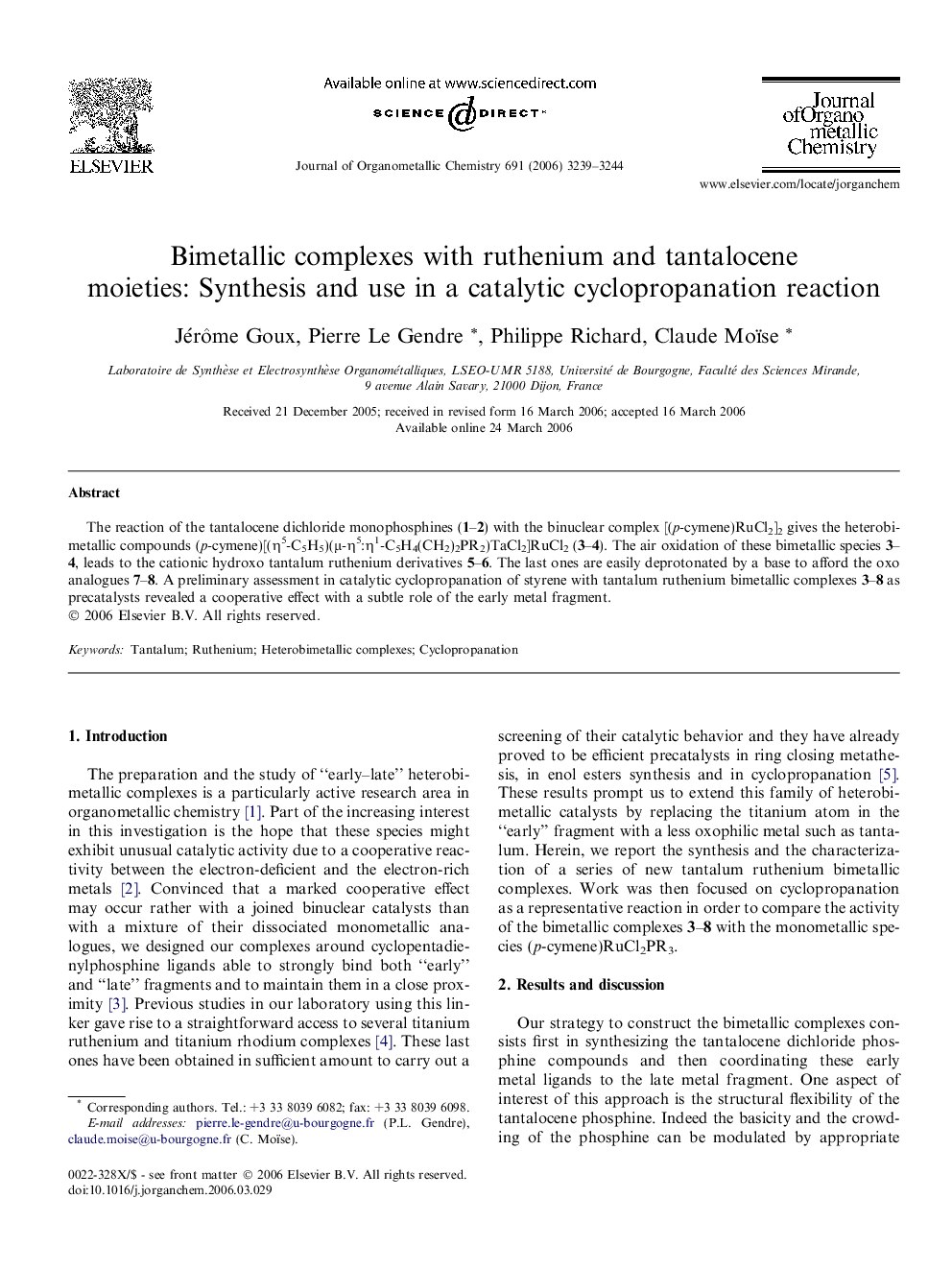 Bimetallic complexes with ruthenium and tantalocene moieties: Synthesis and use in a catalytic cyclopropanation reaction