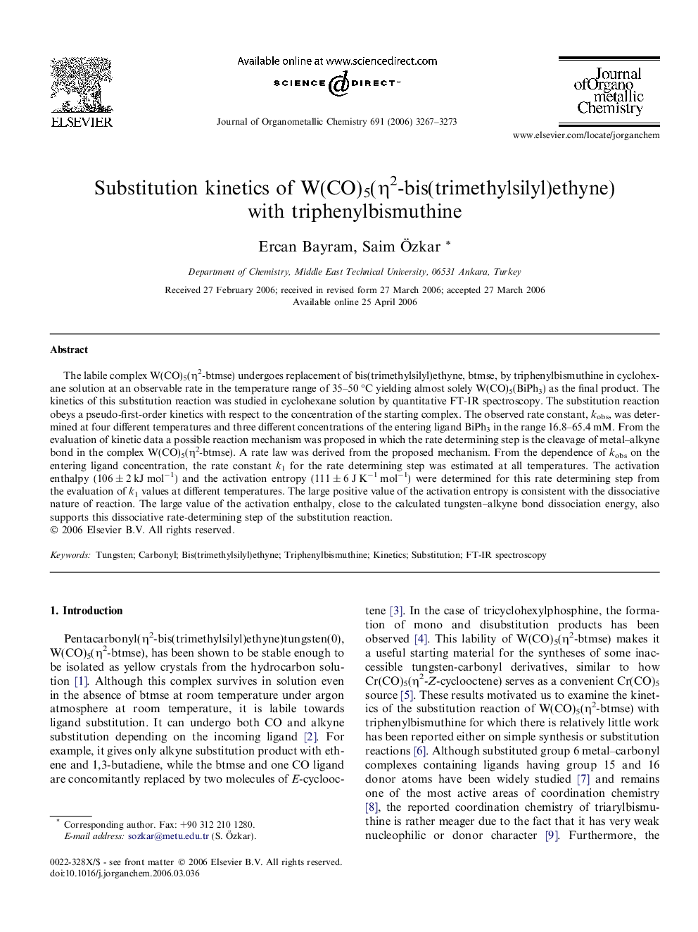 Substitution kinetics of W(CO)5(η2-bis(trimethylsilyl)ethyne) with triphenylbismuthine