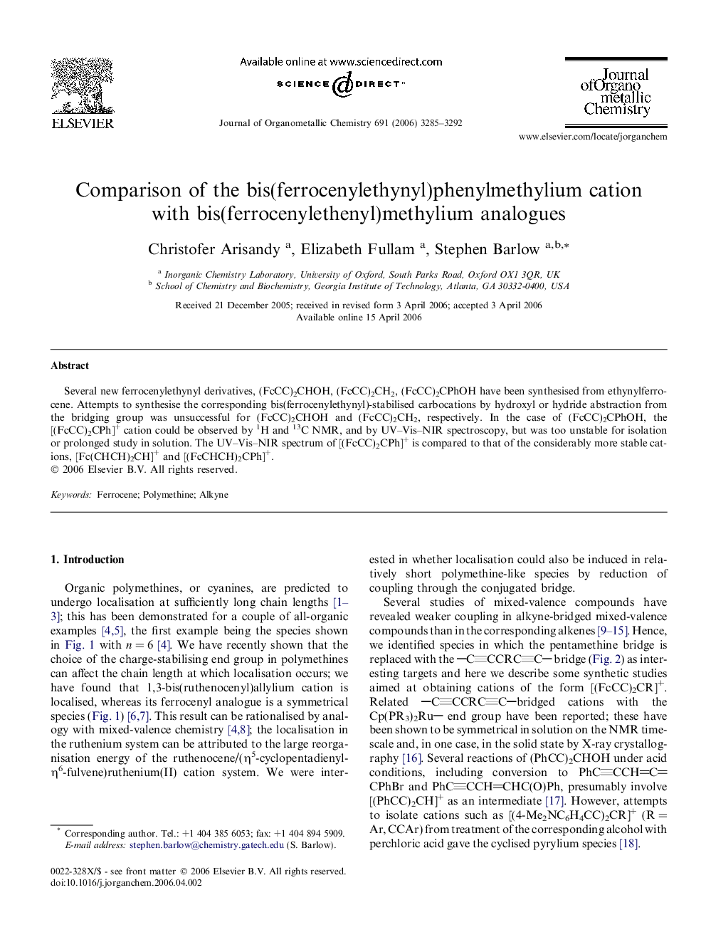 Comparison of the bis(ferrocenylethynyl)phenylmethylium cation with bis(ferrocenylethenyl)methylium analogues