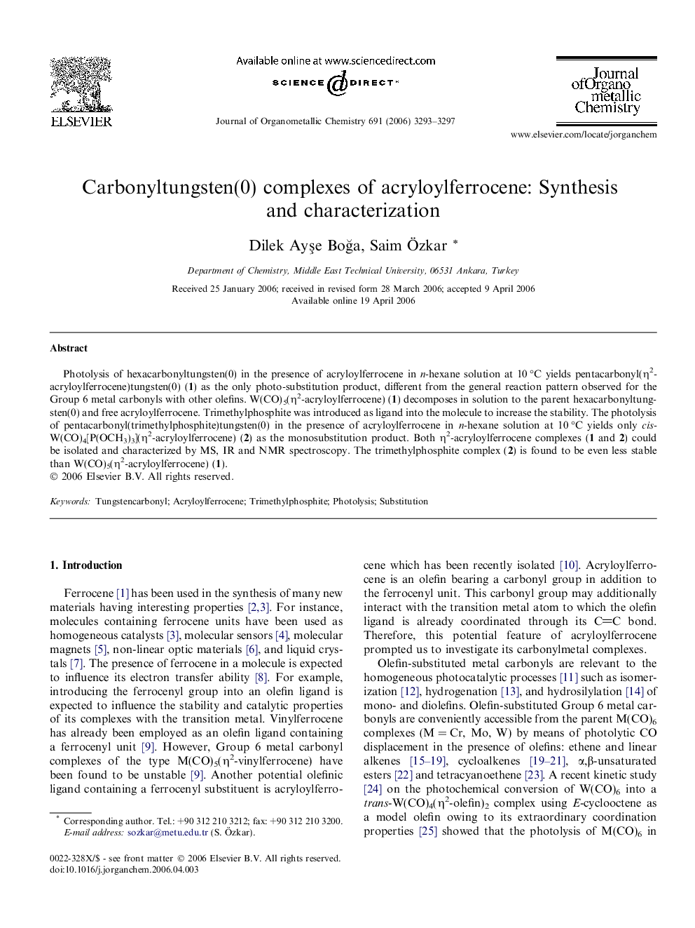 Carbonyltungsten(0) complexes of acryloylferrocene: Synthesis and characterization