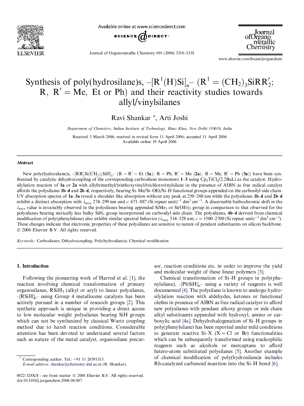 Synthesis of poly(hydrosilane)s, –[R1(H)Si]n–(R1=(CH2)3SiRR2′;R,R′=Me, Et or Ph) and their reactivity studies towards allyl/vinylsilanes
