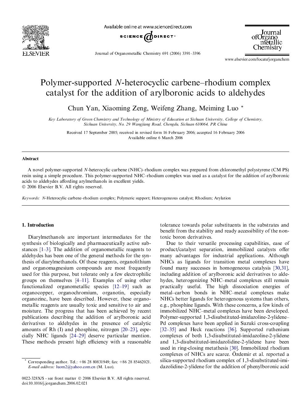 Polymer-supported N-heterocyclic carbene–rhodium complex catalyst for the addition of arylboronic acids to aldehydes